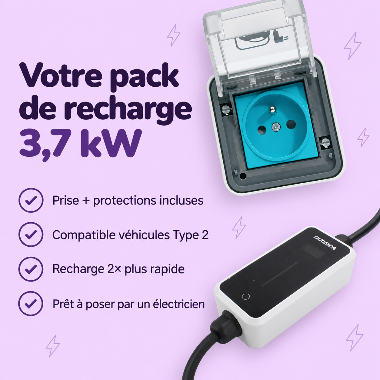 Pack recharge 3,7kW Hager Witty + disjoncteur + câble de recharge 16A