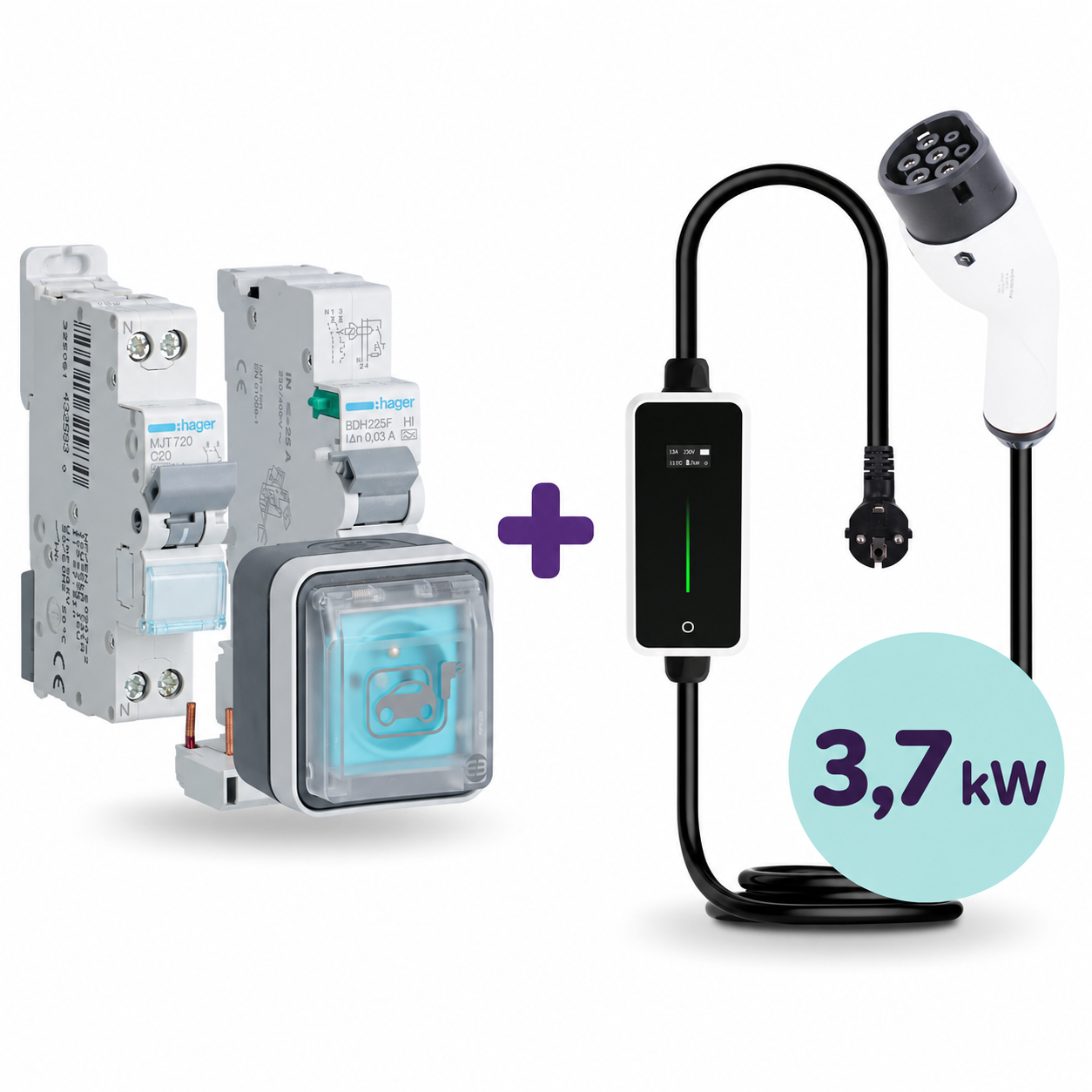 Pack recharge 3,7kW Hager Witty + disjoncteur + câble de recharge 16A